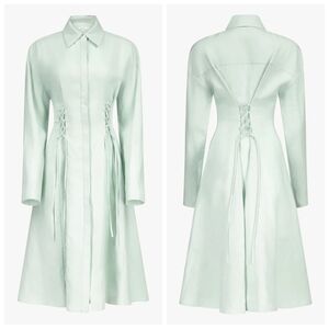 PRISCAVera Linen Laced Button Down Dress Matcha Green Small